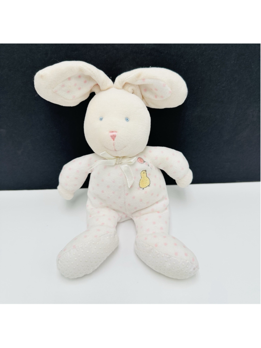 Vtg Soft Dreams Bunny Rabbit 8” Plush Baby Rattle Polka Dot Pink Chick Nursery